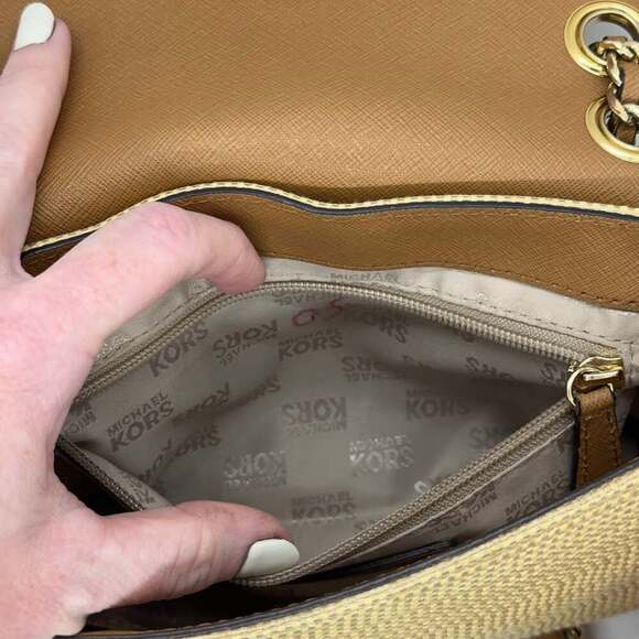 Michael Kors Vivian Tan Leather & Rattan Crossbody Purse - Picture 12 of 15